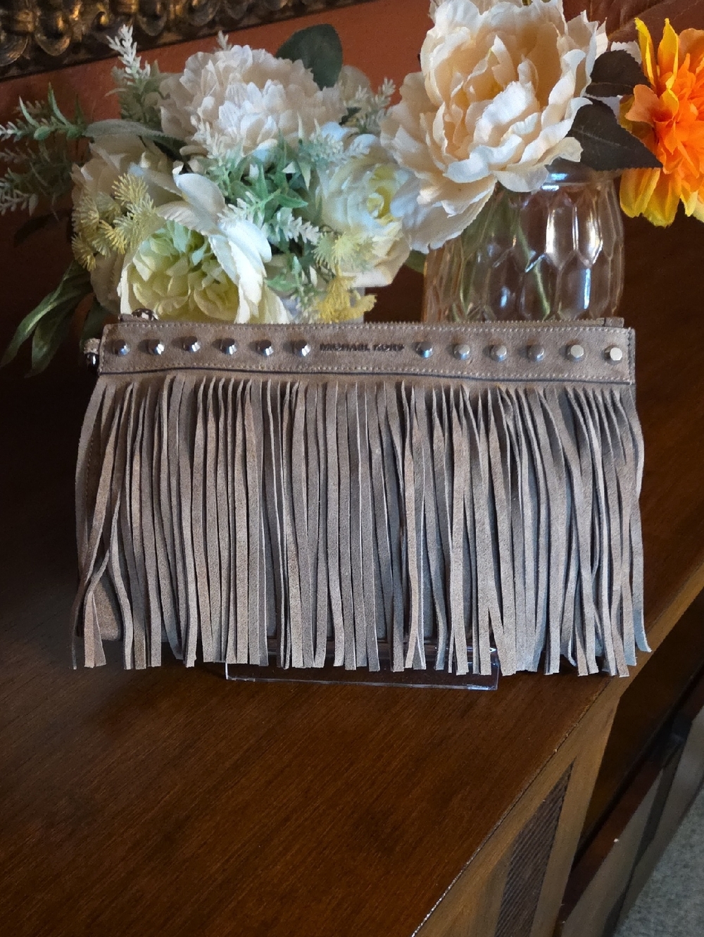 MICHAEL Michael Kors Billy Suede Fringe Zip Clutch NWT